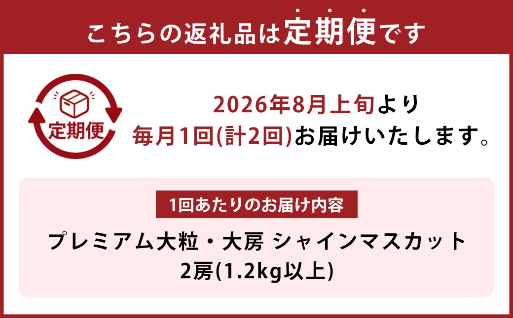 【2回定期便】プレミアム大粒・大房 シャインマスカット 2房（1.2kg以上）