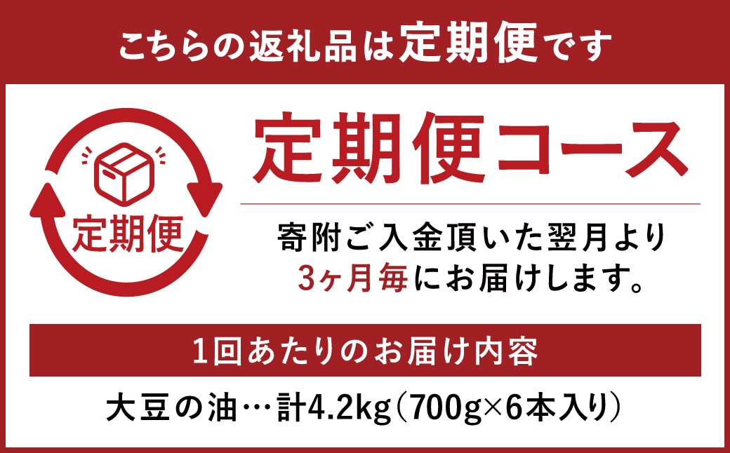 【3ヶ月毎2回定期便】食用油 大豆の油 スマートグリーンパック 6本入り（1本700g×2回）