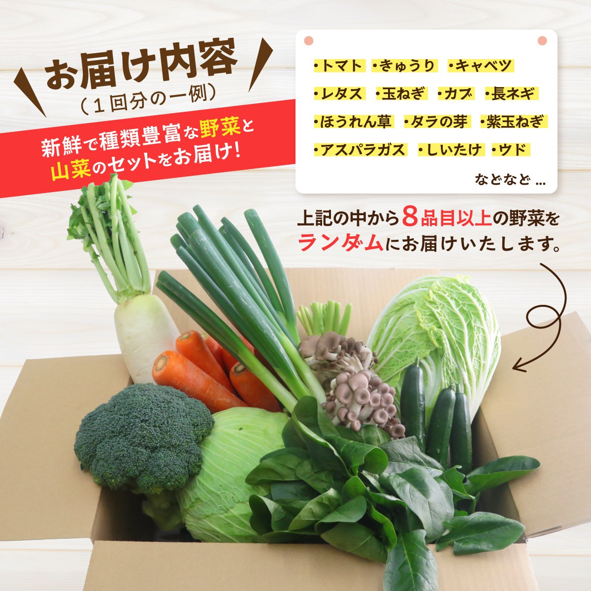 新鮮で種類豊富な野菜と山菜のセットをお届け！