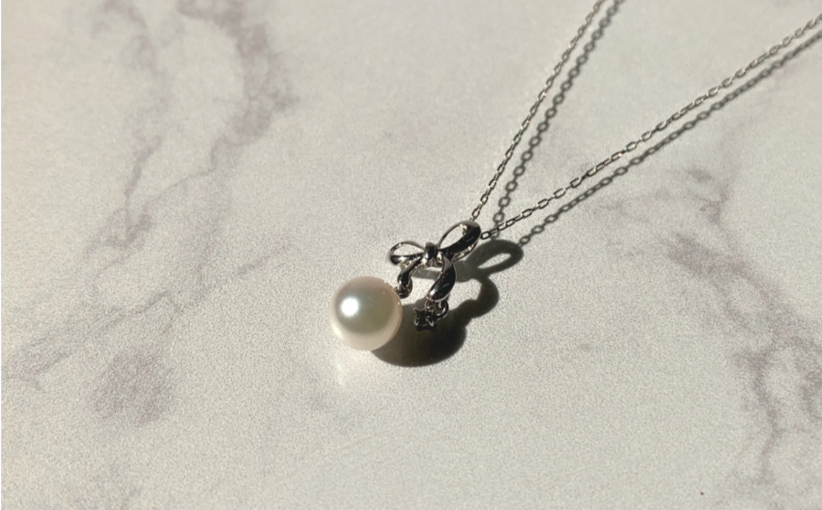 リボンモチーフ 真珠 ネックレス ダイヤモンドとパールのネックレス K18WG