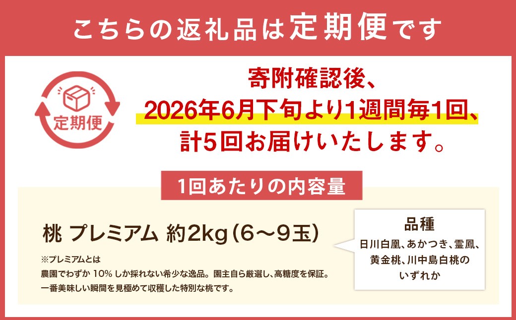 桃 プレミアム 約2kg （ 6ー9玉） 【 2026年6月下旬 － 8月上旬発送予定 】【 1週間毎 5回 定期便 】 