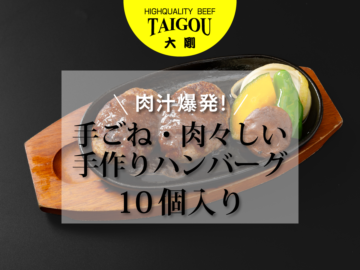 四日市市の名店・焼肉大剛の手作りハンバーグ。10個入りで届く、肉々しい食感。