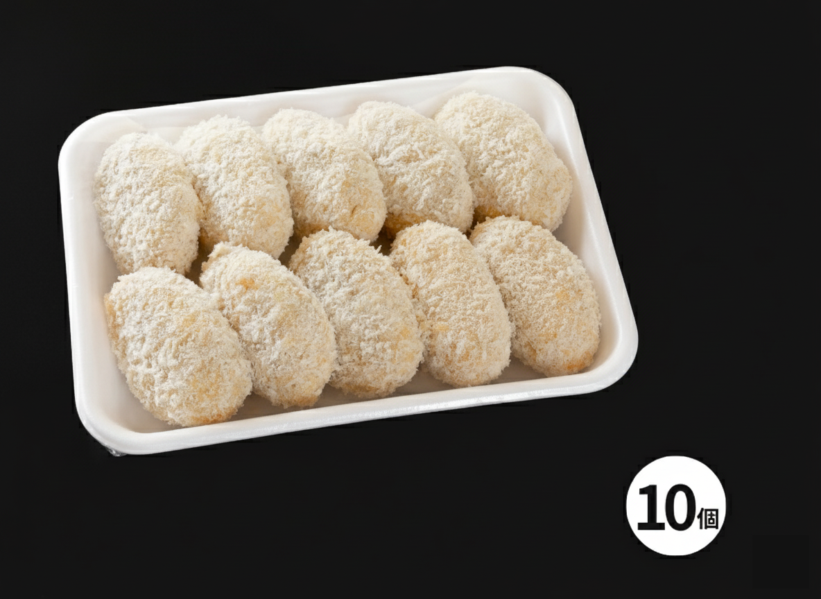 四日市市の名店・焼肉大剛の手作り牛肉コロッケ。調理前10個入りの商品外観。