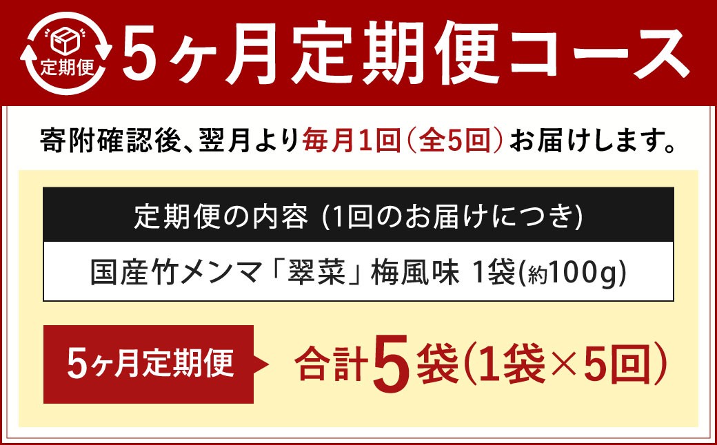 【1ヶ月毎5回定期便】 国産竹メンマ 「翠菜」 梅風味 1袋（100g）×5回 計5袋 【爽やかな梅の香り】
