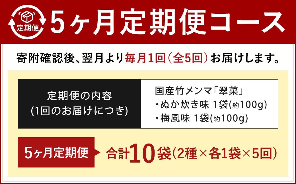 【1ヶ月毎5回定期便】 国産竹メンマ 「翠菜」 2種 セット 各1袋 2袋×5回 計10袋 【ぬか炊きと梅の香りを味わう】 