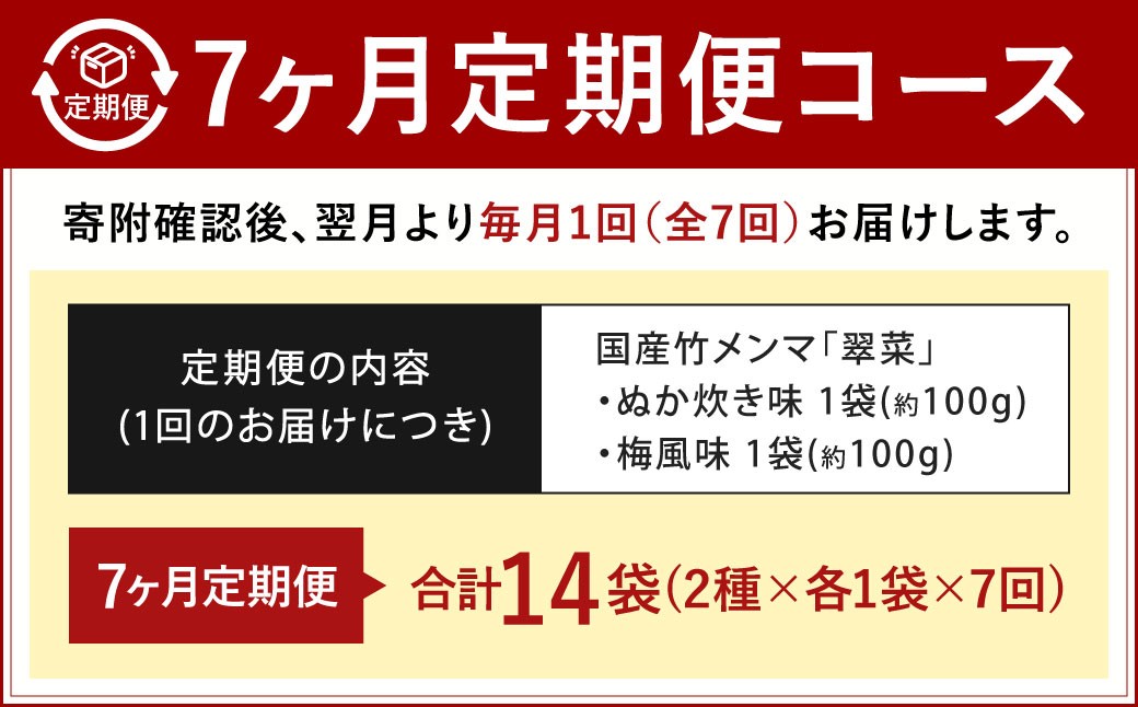 【1ヶ月毎7回定期便】 国産竹メンマ 「翠菜」 2種 セット 各1袋 2袋×7回 計14袋 【ぬか炊きと梅の香りを味わう】