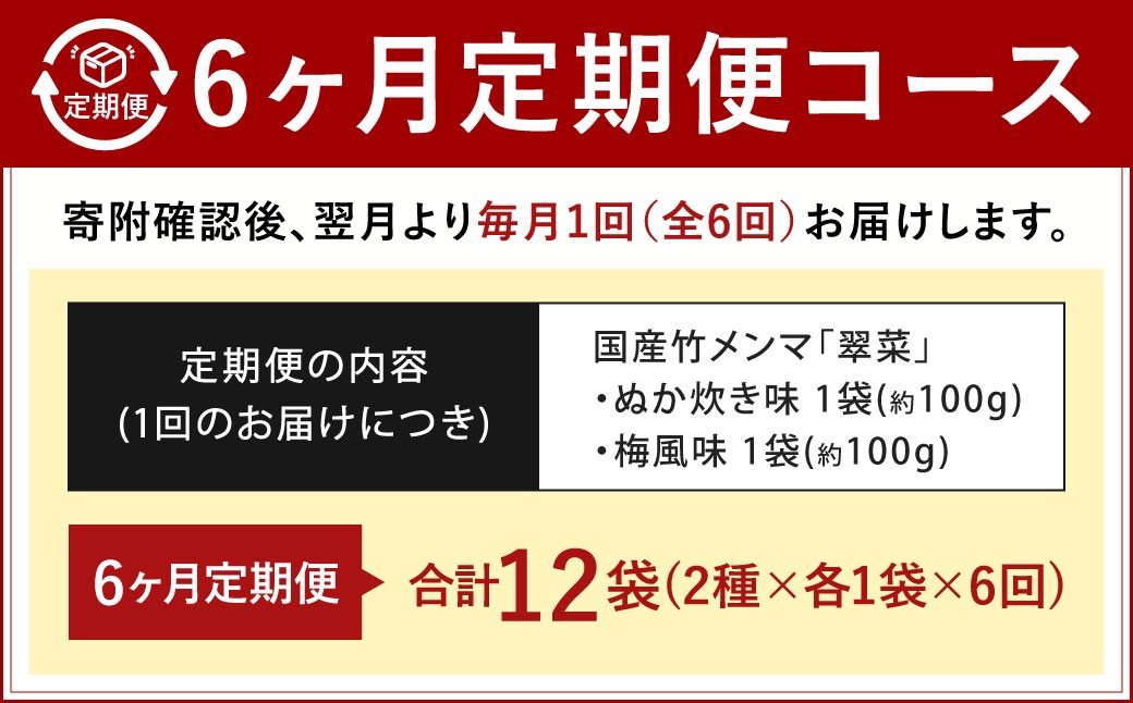 【1ヶ月毎6回定期便】 国産竹メンマ 「翠菜」 2種 セット 各1袋 2袋×6回 計12袋 【ぬか炊きと梅の香りを味わう】