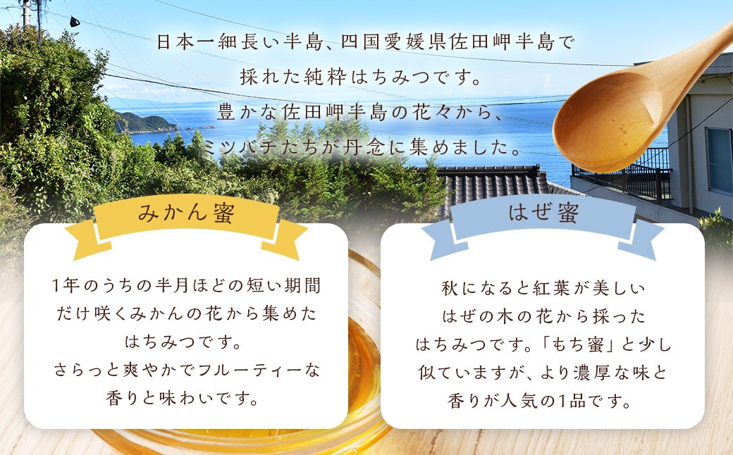「岬のしずく」佐田岬半島産純粋蜂蜜 （みかん・はぜ）各300g 2本 セット 2種 はちみつ ハチミツ 蜜 国産 (326-1)