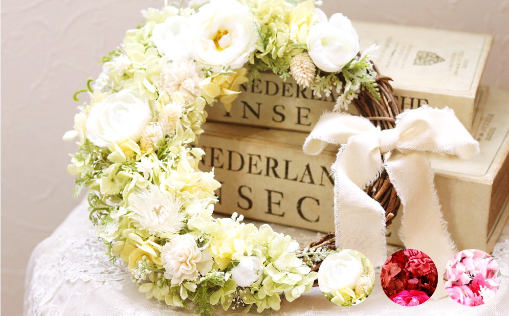 バラと紫陽花のハーフムーンリース