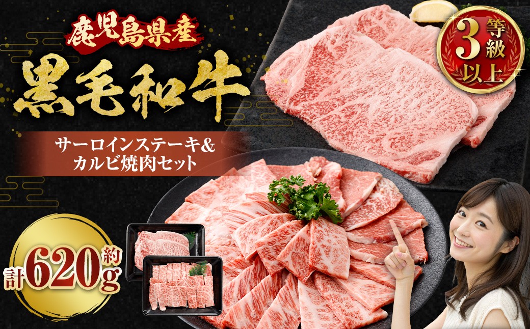 【鹿児島県産】 黒毛和牛 サーロインステーキ＆カルビ焼肉セット 合計約620g