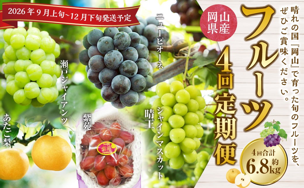 【4回定期便】岡山県産 フルーツ定期便コース（ニューピオーネ・シャインマスカット・紫苑・あたご梨）