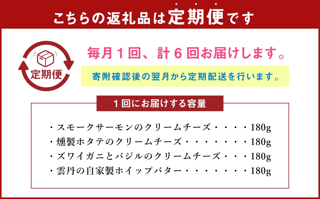【6回定期便】YUKIAKARI特製小樽の海鮮クリームチーズセット4種詰め合わせ 各180g 計720g