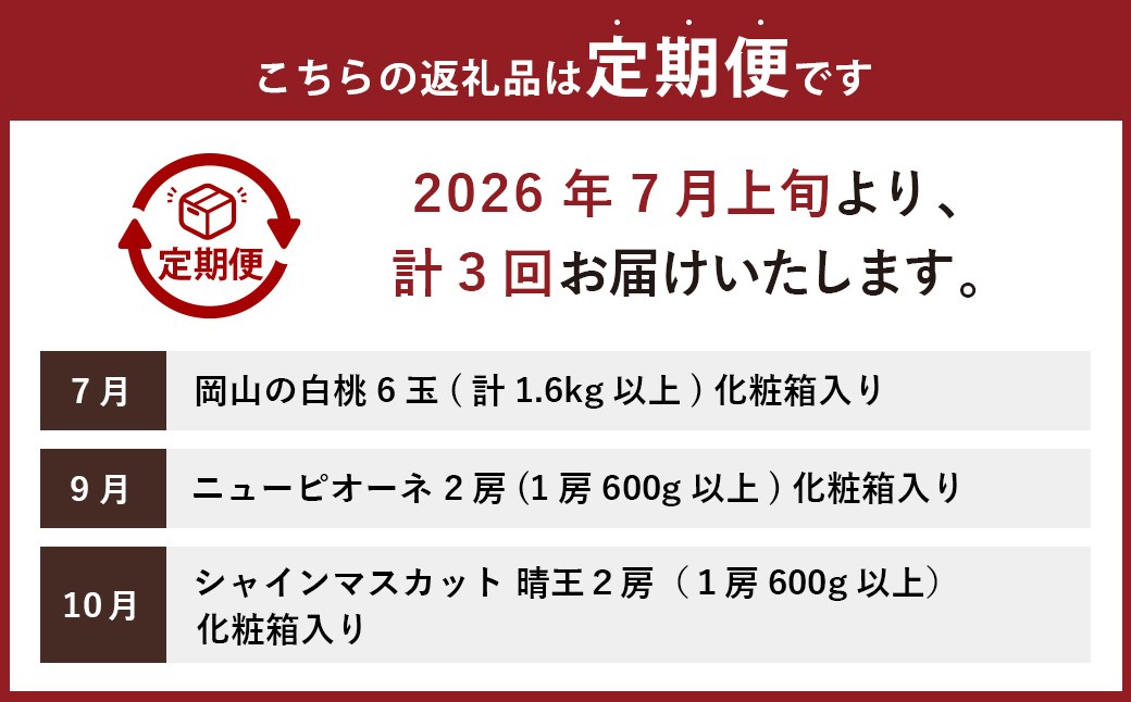 【3回定期便】岡山県産 フルーツ定期便コース（白桃・ニューピオーネ・晴王）
