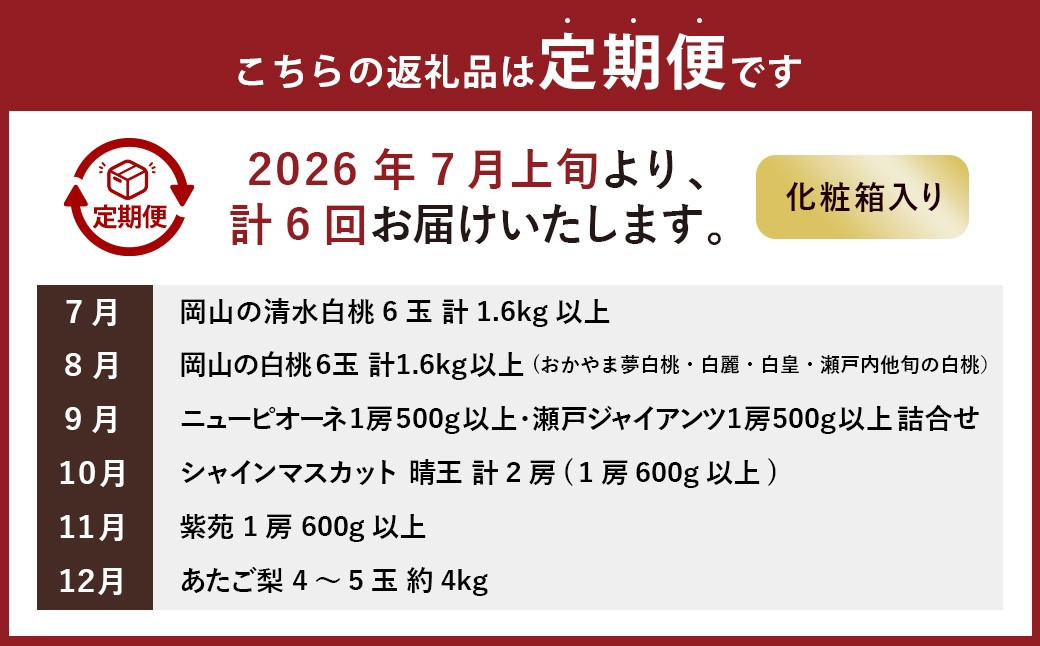 【6回定期便】岡山県産 フルーツ定期便コース（清水白桃・白桃・ニューピオーネ・シャインマスカット 晴王・紫苑・あたご梨）