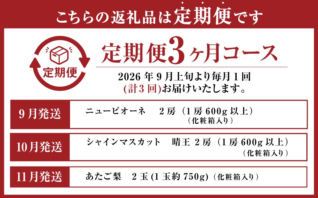 【3回定期便】岡山県産 フルーツ定期便コース（ニューピオーネ・ 晴王・あたご梨）