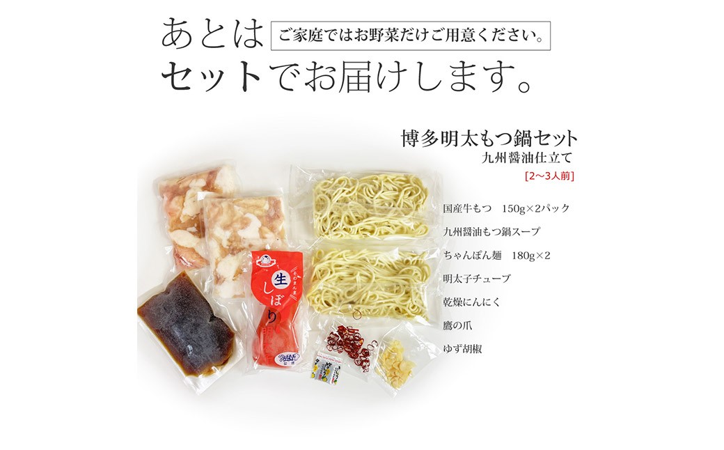 博多 明太 醤油 もつ鍋 セット （2～3人前） 国産 牛 もつ 300g