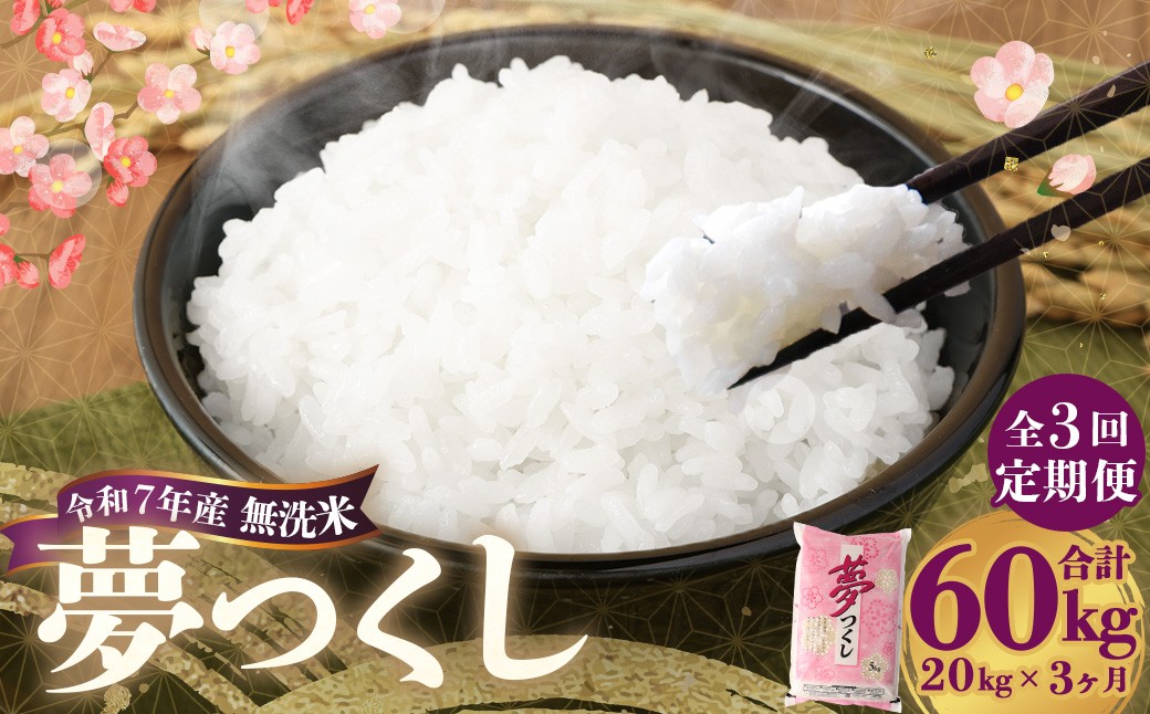【3ヶ月定期便】 無洗米 食味鑑定士厳選 夢つくし 20kg（5kg×4袋）×3回 計60kg