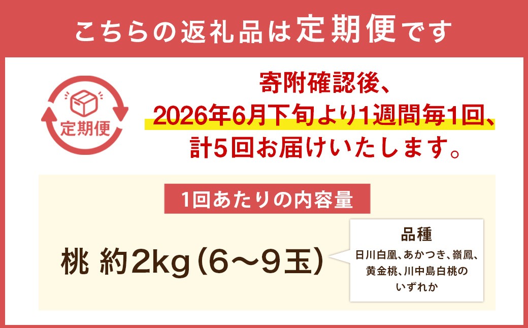 桃 約2kg （ 6ー9玉） 【 2026年6月下旬 － 8月上旬発送予定 】【 1週間毎 5回 定期便 】 