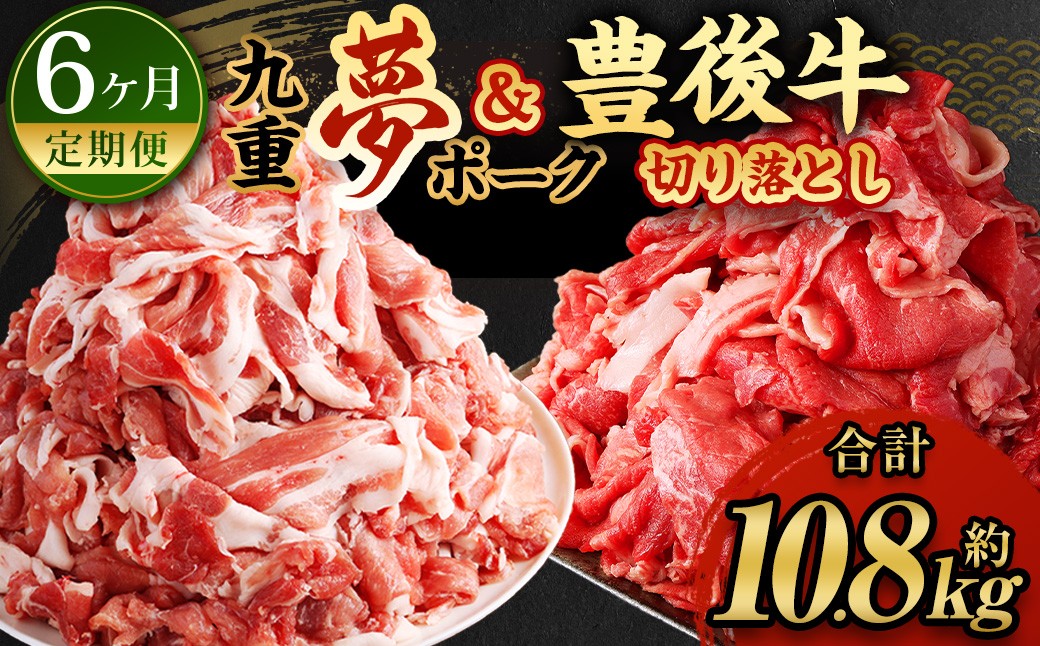 【6ヶ月定期便】交互に届く 九重 夢ポーク ・ 豊後牛 切り落とし 6回 合計約10.8kg 定期便