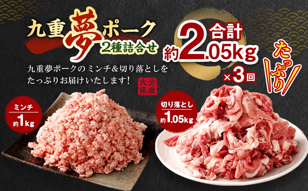 【3回定期便】 大分県産 ブランド豚 九重夢ポーク ミンチ ・ 切り落とし 約2.05kg セット × 3回