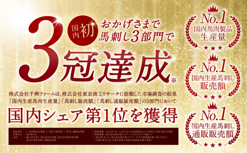 馬刺し3部門で国内初の3冠を達成しました！