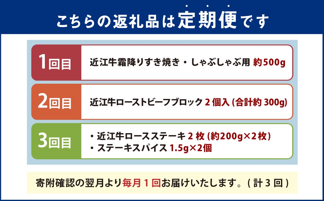 【定期便】近江牛頒布会3回お届け（すきしゃぶ用約500g・ローストビーフ2個・ロースステーキ2枚）【近江牛専門店かねきち】