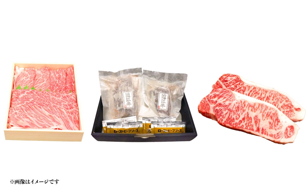 【定期便】近江牛頒布会3回お届け（すきしゃぶ用約500g・ローストビーフ2個・ロースステーキ2枚）【近江牛専門店かねきち】