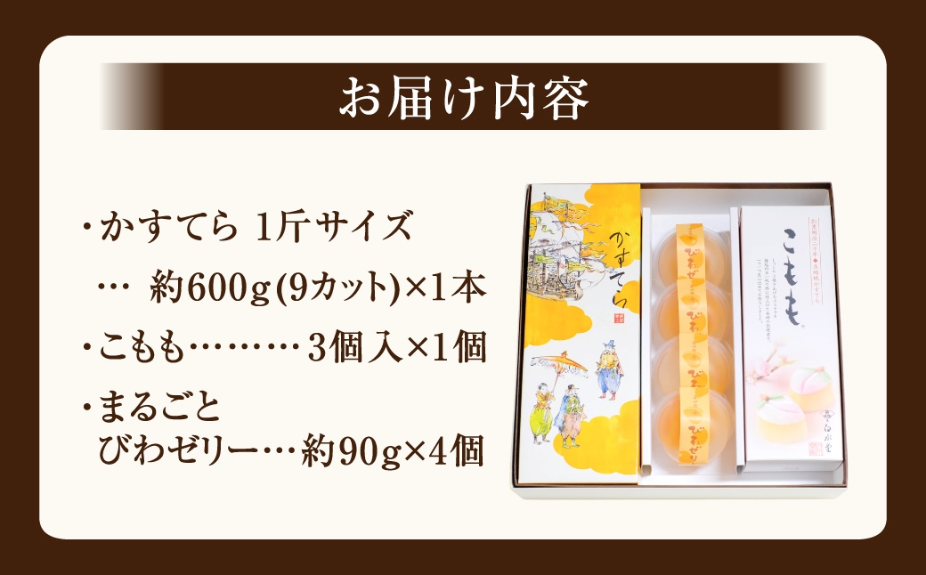 特製五三焼かすてら 1斤・こもも・びわゼリー 詰合せ ／ 長崎銘菓 詰め合わせ 桃かすてら 長崎カステラ カステラ 五三焼