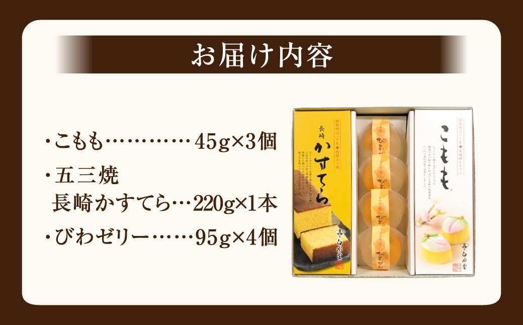 こもも・かすてら・びわゼリー詰合せ カステラ 五三焼 びわ 枇杷 ビワ お菓子 スイーツ デザート