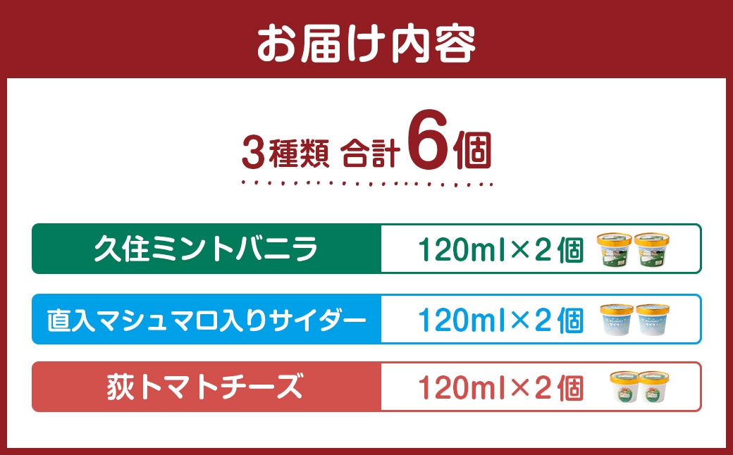 九州アルプス商工会女性部アイスクリーム 計6個入（各種2個入）（久住ミントバニラ、直入マシュマロ入りサイダー、荻トマトチーズ）