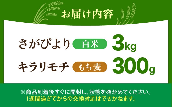 白米・もち麦セット（さがびより3kg・キラリモチ 300g）[HBL093] / 精米 米 お米 こめ 雑穀 ブランド米 国産