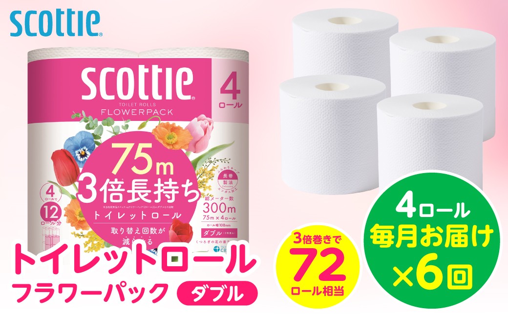 【定期便6回】【毎月お届け】【スコッティ】 トイレットロール ダブル フラワーパック 3倍長持ち 4ロール 計24ロール