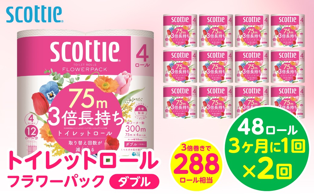 【定期便2回】 【3ヶ月ごと】 【スコッティ】 トイレットロール ダブル フラワーパック 3倍長持ち 48ロール 合計96ロール