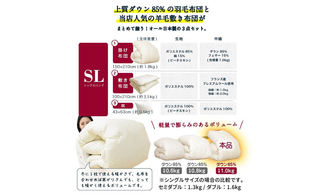 羽毛羊毛布団 3点セット シングルロング