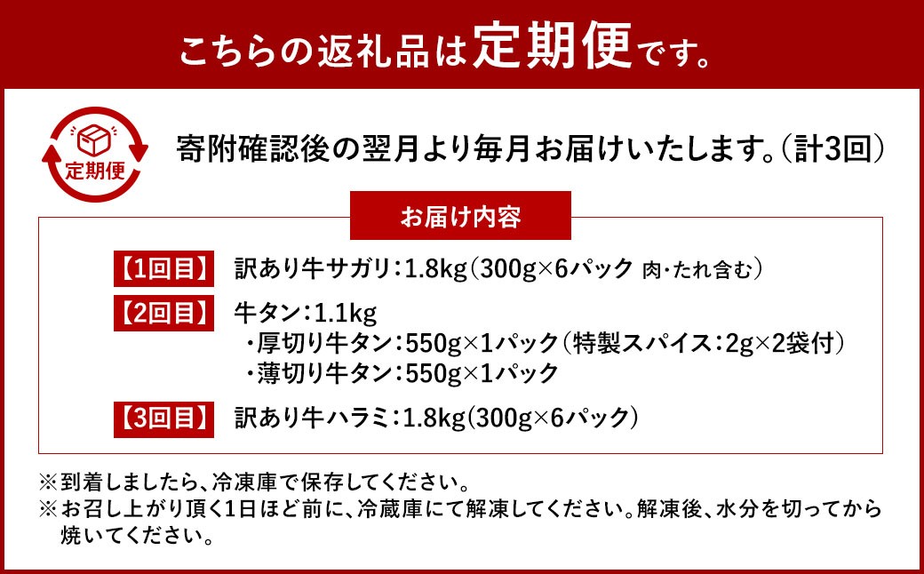 【3ヶ月定期便】 牛サガリ ＆ 牛タン ＆ 牛ハラミ 肉盛り定期便A
