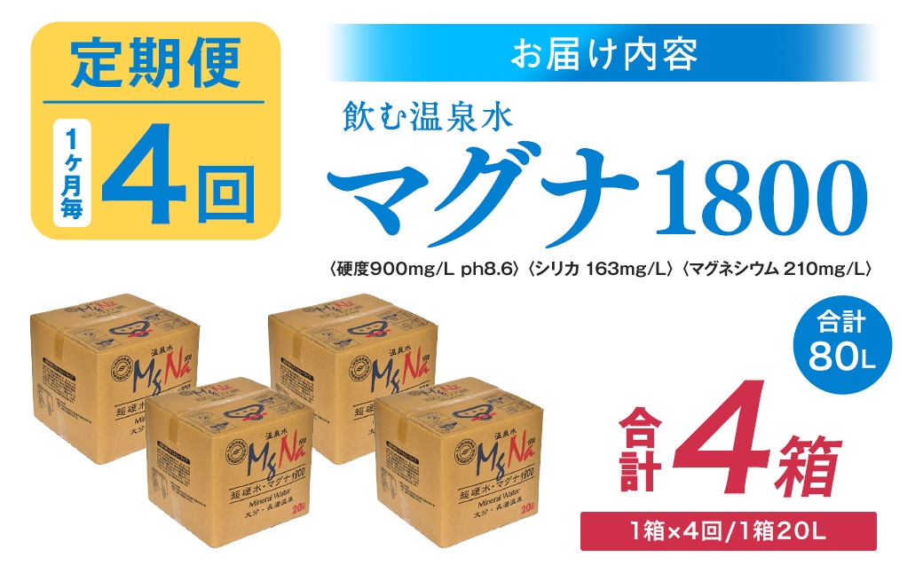 【1ヶ月毎4回定期便】硬水ミネラルウォーターマグナ1800 20L コック付き 計4箱 （1箱×4回）