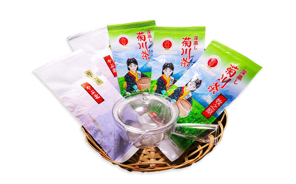 やぶきた深蒸し茶（2種類 計5袋）と急須（1点）セット ｜ お茶 日本茶 やぶきた茶 緑茶 煎茶 深蒸し茶 透明急須