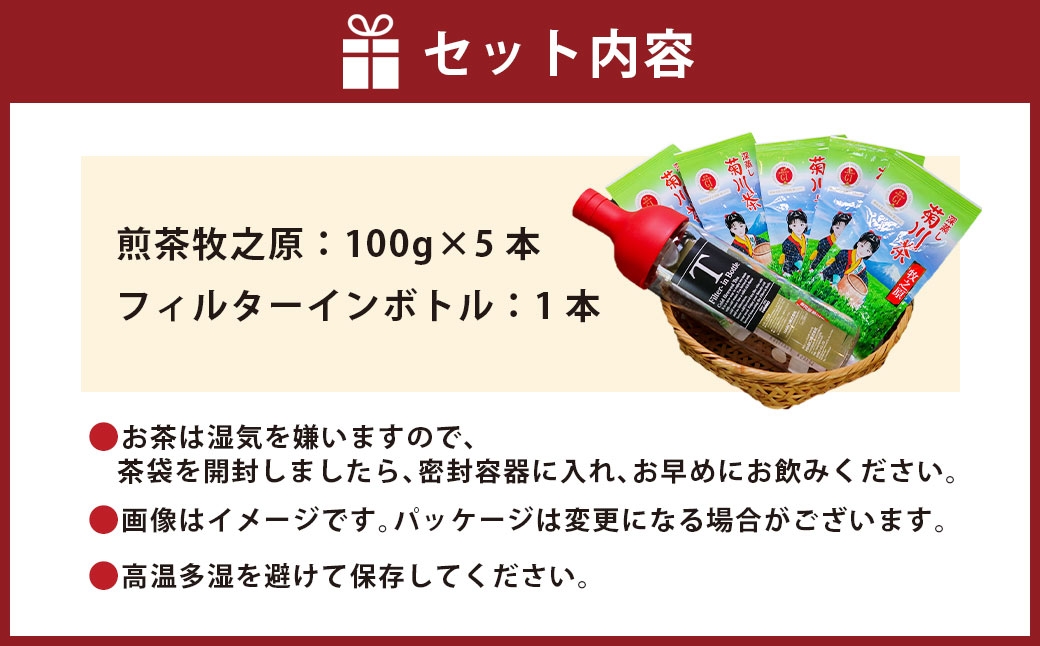 菊川深蒸し茶（5袋 計500g）とフィルターインボトル（1本）セット
