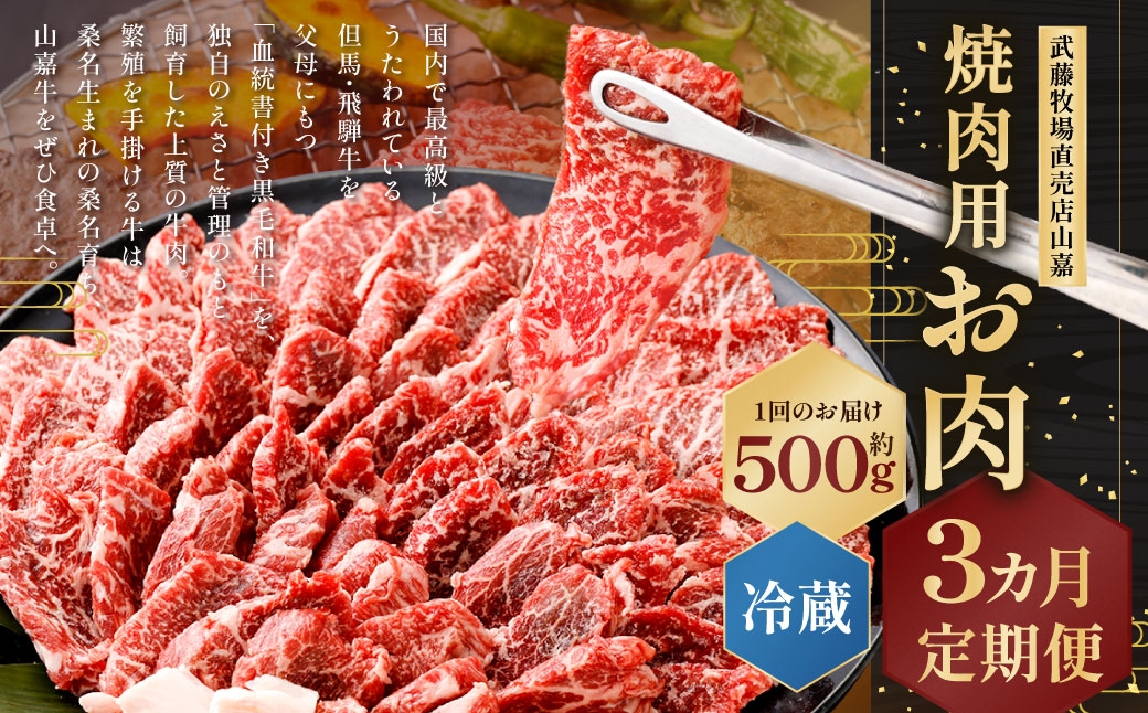 【冷蔵 定期便3ヶ月】武藤牧場直売店山嘉 焼肉用お肉 約500g×3回 合計1.5kg 