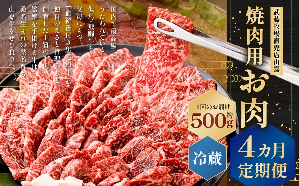 【冷蔵 定期便4ヶ月】武藤牧場直売店山嘉 焼肉用お肉 約500g×4回 合計2kg