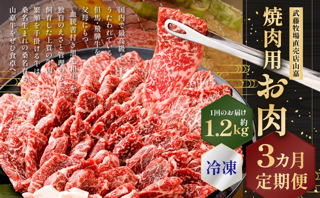 【冷凍 定期便3ヶ月】武藤牧場直売店山嘉 焼肉用お肉 約1.2kg×3回 合計3.6kg