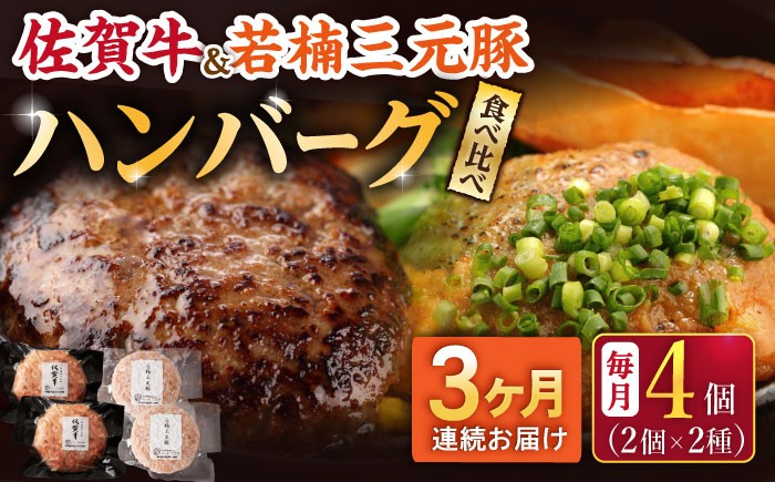 【3回定期便】佐賀牛と若楠三元豚のハンバーグ 食べ比べセット 計4個（2種×2個）/ナチュラルフーズ [UBH082]
