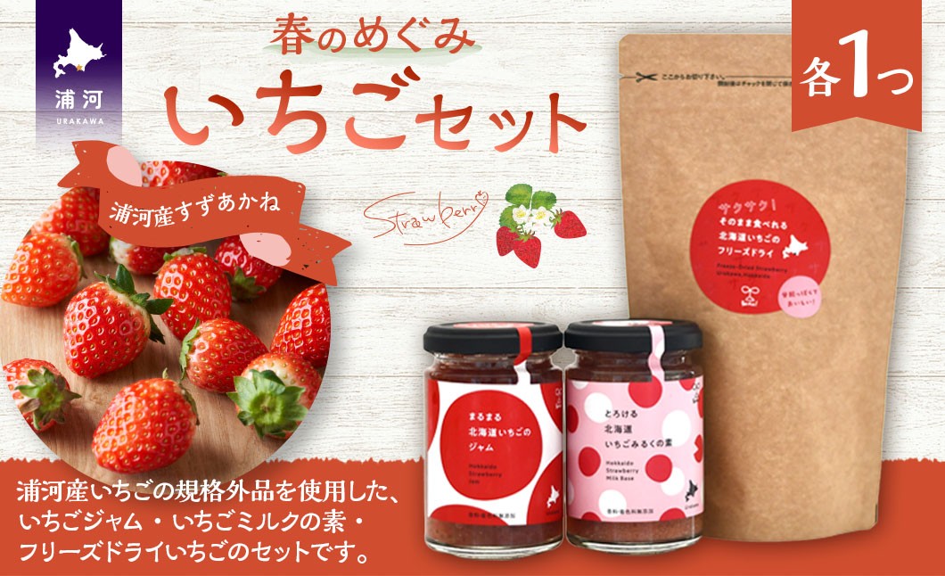 食品ロスの削減をした「いちごジャム」と「いちごみるくの素」、「フリーズドライいちご」のセットです。