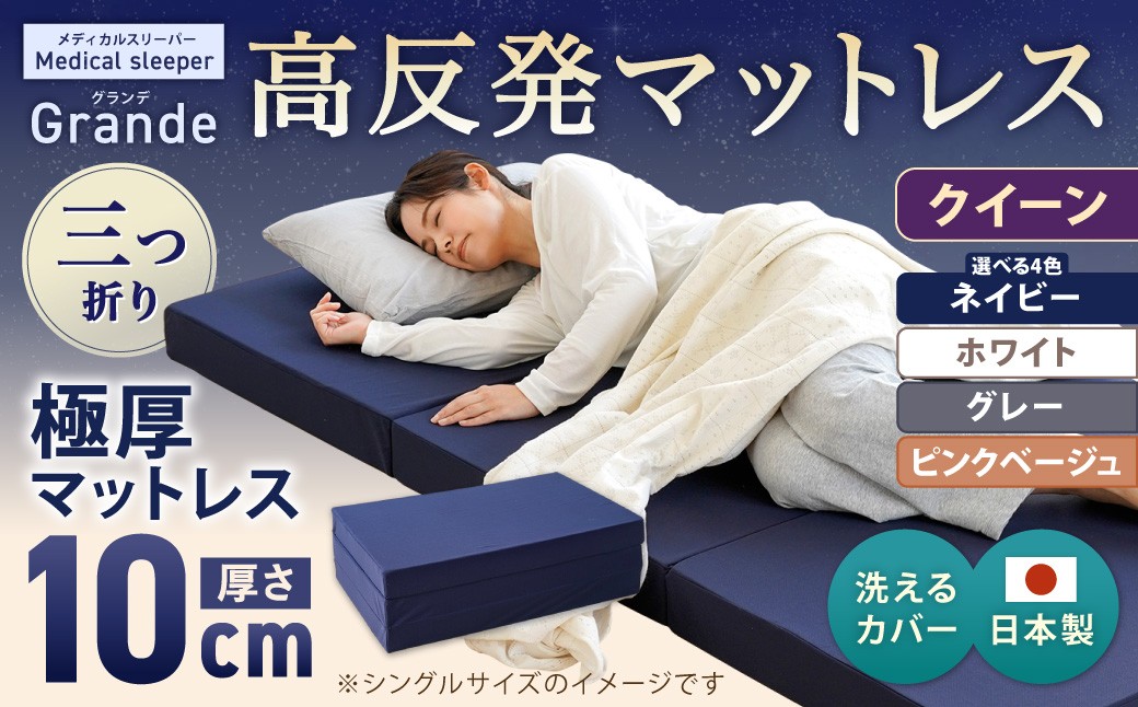 MSグランデQ 三つ折り【ネイビー／ホワイト】 日本製 高反発 マットレス 三つ折り メディカルスリーパーグランデ