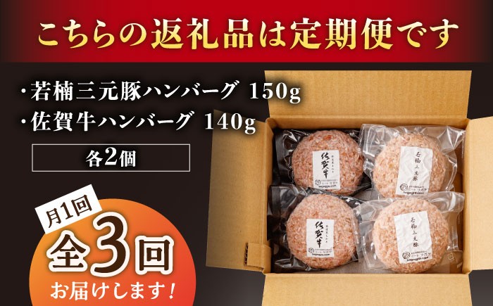 【3回定期便】佐賀牛と若楠三元豚のハンバーグ 食べ比べセット 計4個（2種×2個）/ナチュラルフーズ [UBH082]