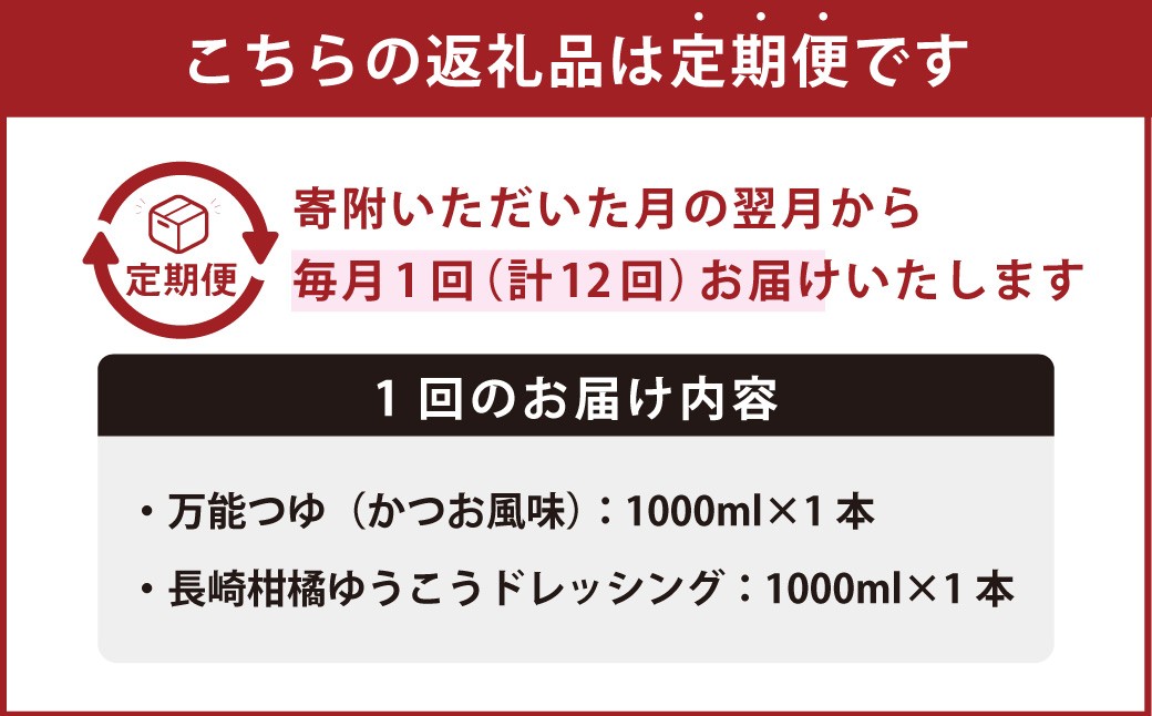 【全12回定期便】万能つゆ と 長崎柑橘ゆうこうドレッシング ／ ドレッシング つゆ 出汁 調味料 定期 長崎県 長崎市