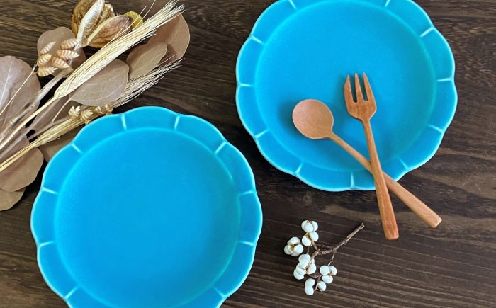 ケーキ皿 トルコブルー ブルー 青 さら おさら お皿 取り皿 花形皿 瀬戸焼 瀬戸焼き せとやき せともの 愛知県 瀬戸市 