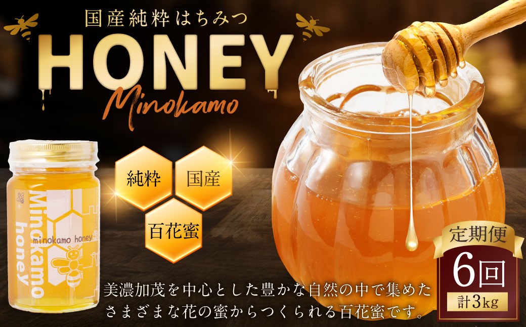 【6ヶ月定期便】国産 無添加 純粋 100％天然 MINOKAMO HONEY はちみつ 1本 （ 500g ） 