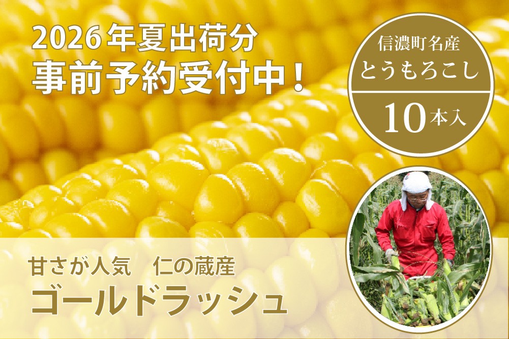トウモロコシの名産地、信濃町で栽培されたトウモロコシ【ゴールドラッシュ】を10本お届けします。