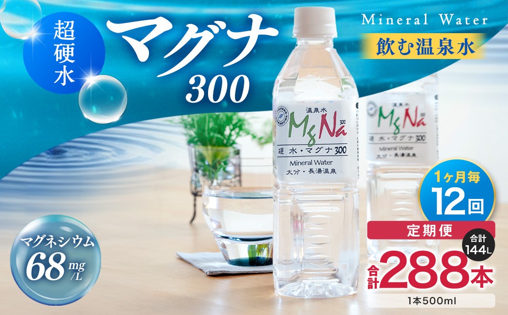 【1ヶ月毎12回定期便】 硬水ミネラルウォーターマグナ300 500ml 計288本 （24本×12回）